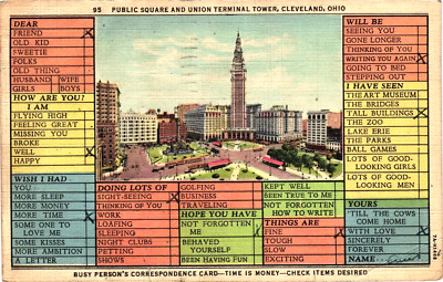 Cleveland OH Postcard Union Rail Terminal Tower Busy Persons Check Items Desired