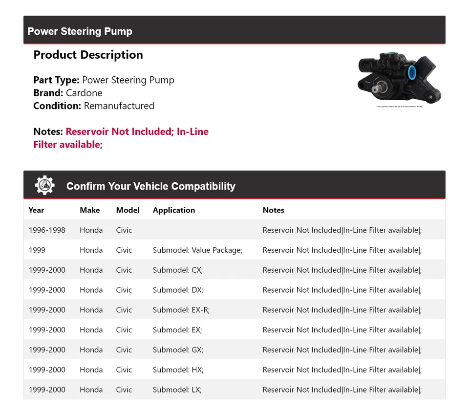 Bomba de dirección asistida Cardone 1997 1998 1999 para Honda Civic 1996-2000 Foto 2 de 4