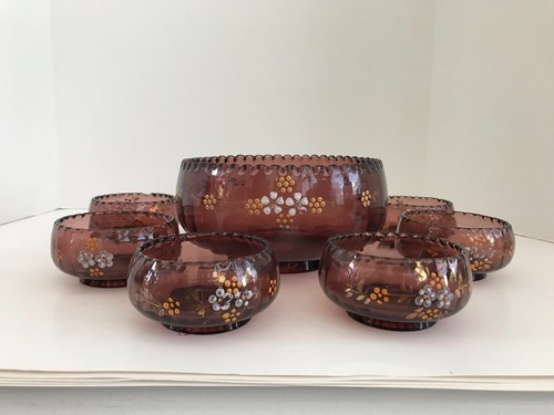 Vintage Victorian Northwood Amethyst Glass Berry Bowl Set Enameled Flowers - Picture 3 of 10