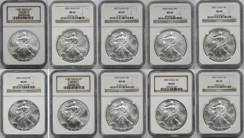 Lot 10- 2002 Silver Eagle Dollar $1 MS 69 NGC 1 oz Fine Silver (10 Coins)