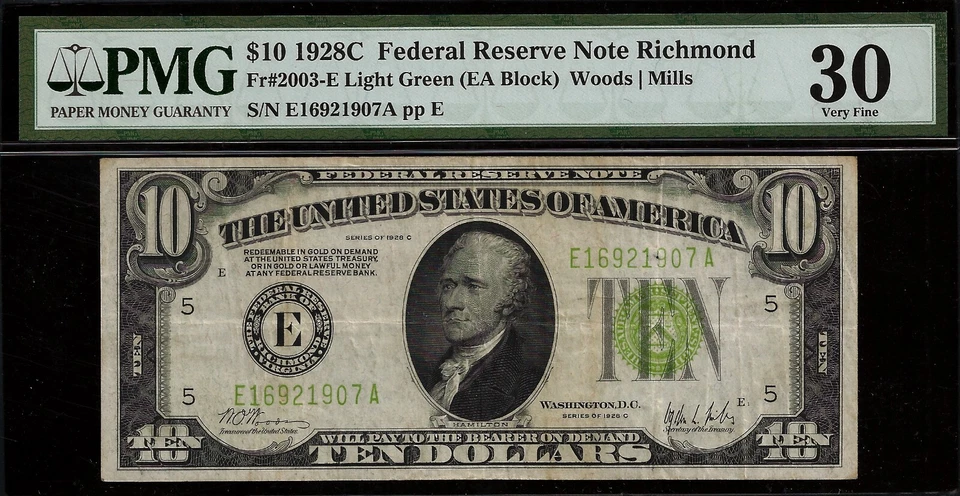 1928C $10 Federal Reserve Note PMG 30 rare Richmond total 21 examples known LGS - Image 3 of 4