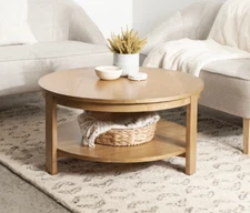 Round Wood Coffee Table Modern Home Living Room Storage Shelf Wooden Furniture