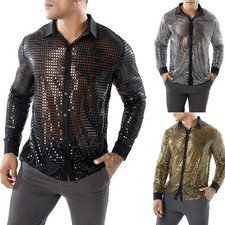 Men's Sparkling Sequin Party Dance Shirts Retro 70s Disco Nightclub Tops
