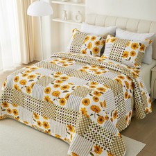 100 Cotton Quilt Orange Sunflower Bedding Set Floral Reversible Coverlet 92x96