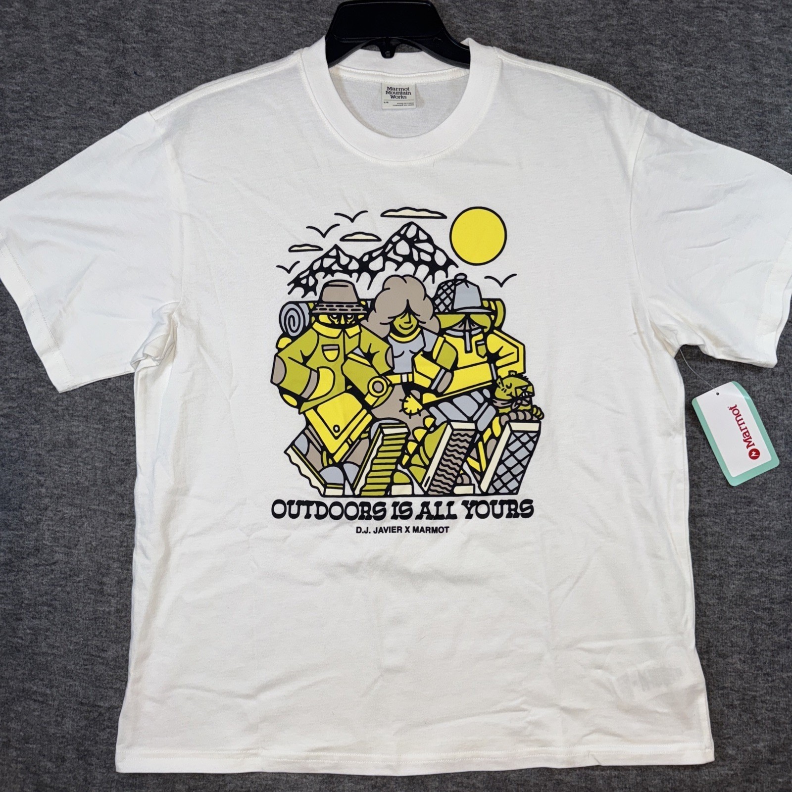 Marmot x DJ Javier Mens Graphic Print Outdoors T-Shirt Trail White Sz Large New