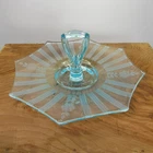 Aqua Blue Depression Glass Etched Floral Handle Octagon Serving Tidbit Tray