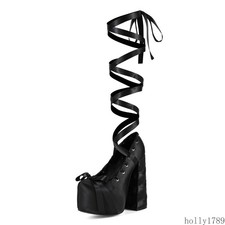 Women's Gothic Platform block High Heels Satin Lace Up Ankle Boots Cosplay shoes
