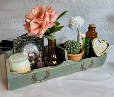 Upcycled Rustic Green Wooden Wall Shelf w/Brass Accents and 2 Compartments