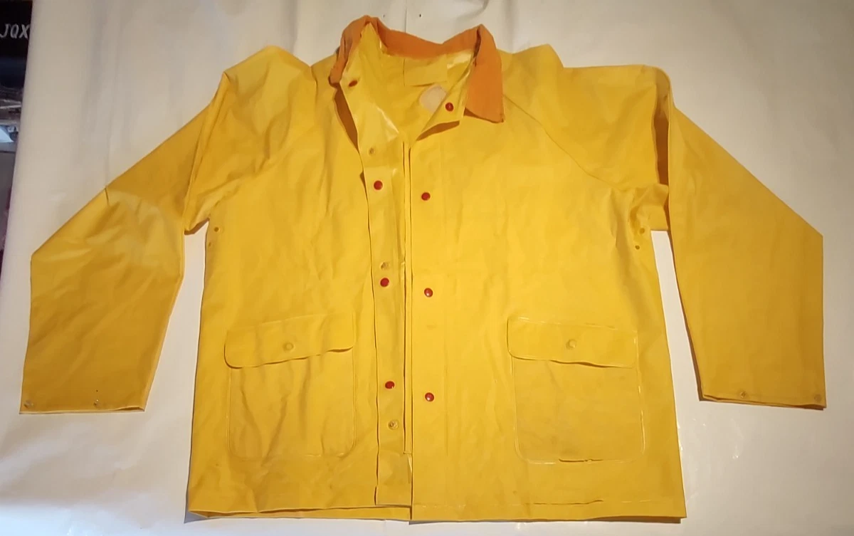 Vtg Rain Jacket Yellow XL 27" X 31" Felt Collared Seven Button WET
