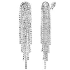 Silver Tone Clear Clip on Earrings Long Crystal Tassel Fringe for Wedding Women