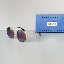 Gucci GG0061S 003 Gold Frame Green Red Rim Gray Lens Round Sunglasses Brand New