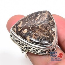 Natural turritella agate 925 Sterling Silver Engagement Statement Ring Size 8.5