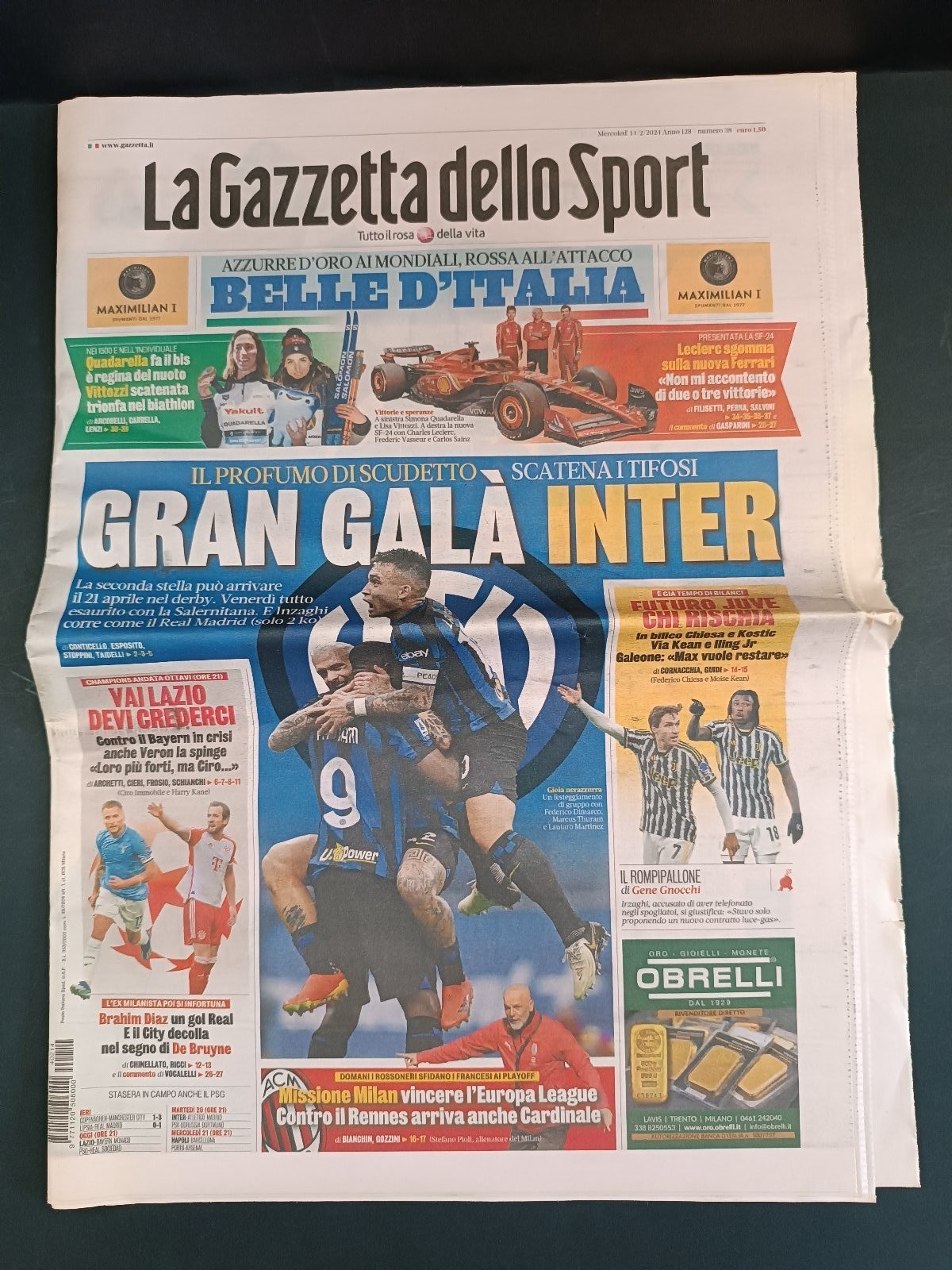 La Gazzetta dello Sport n 38 Febbraio 2024 Inter Thuram Calhanoglu