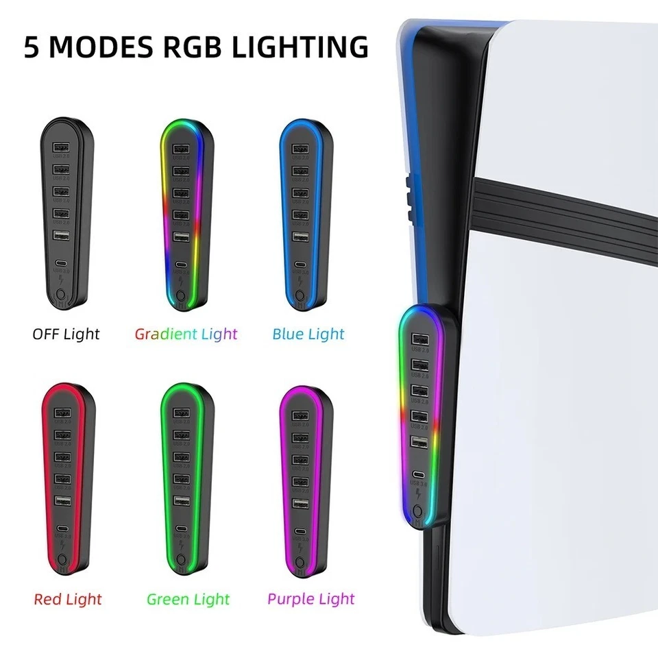 Divisor de concentrador USB RGB para PS5 Pro Slim, 5 USB + 1 puerto de carga de datos tipo C Foto 2 de 4