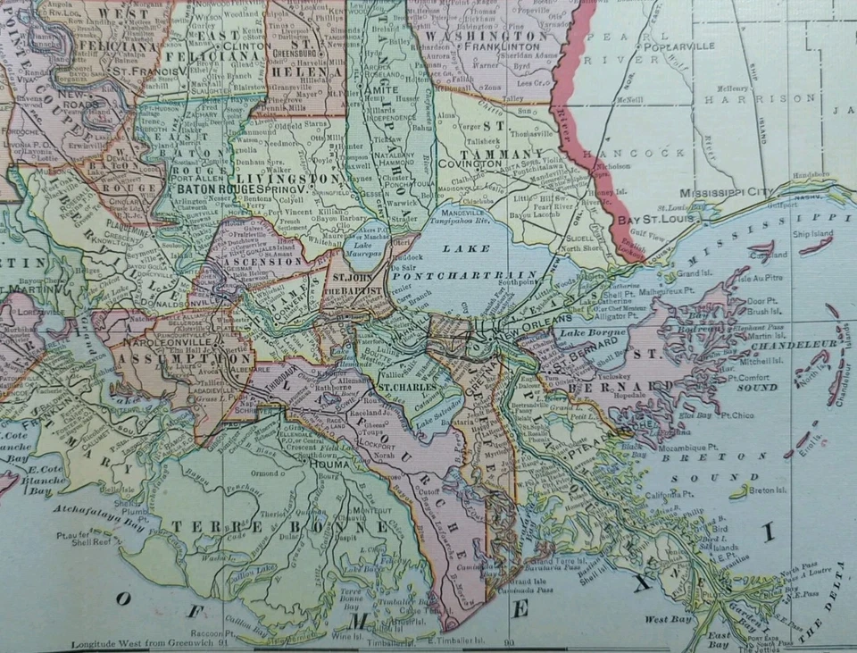 Vintage 1902 LOUISIANA Mapa 22"x14" Antigo Original NOVO ORLEANS METAIRIE LA - Imagem 4 de 4