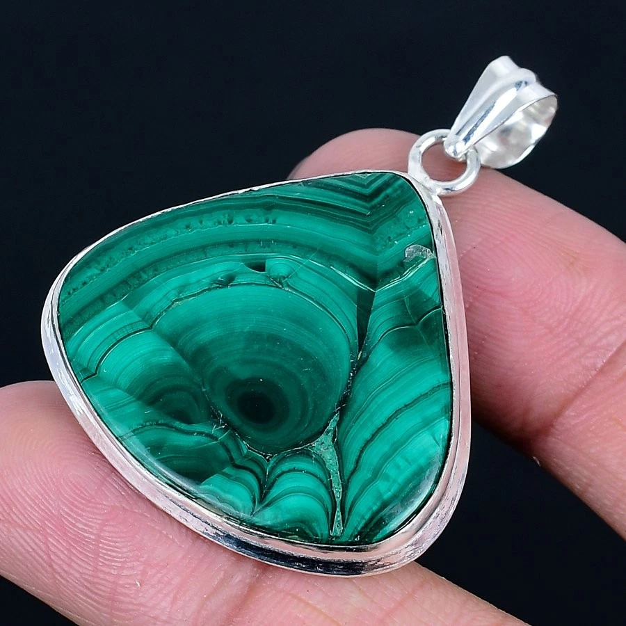 Classic Malachite Gemstone 925 Sterling Silver Jewelry Pendant 1.81" r307 - Image 2 of 2