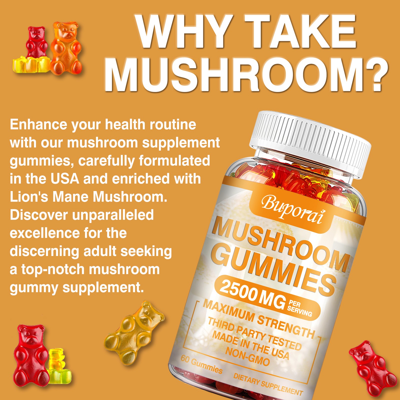 Mushroom Gummies 2500mg -Lion's Mane, Cordyceps, Reishi -Nootropic Brain Booster