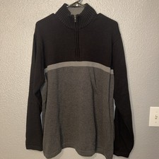 Eddie Bauer Men's Gray  Black Stripe 1/4 Quarter Zip Sweater Size XL Cotton