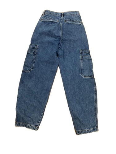 Frame Barrel Leg Utility Cargo Denim Jeans Sz 26 High Rise Cropped Indigo Blue - Picture 3 of 6