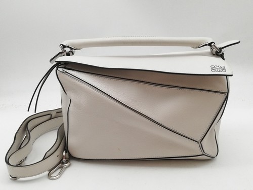 LOEWE Anagram Puzzle Bag 2-Way Leather Handbag Off-White Silver Hardware