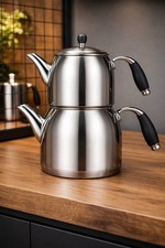 Edelstahl Teekanne Set (Çaydanlık) 2-teilig –Hochglanz, Ergonomischer Griff, Neu