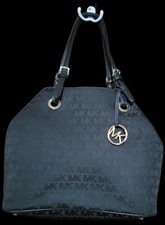 Michael Kors Black Jacquard Monogram Tote, Gold Charm Grommet Shoulder Purse