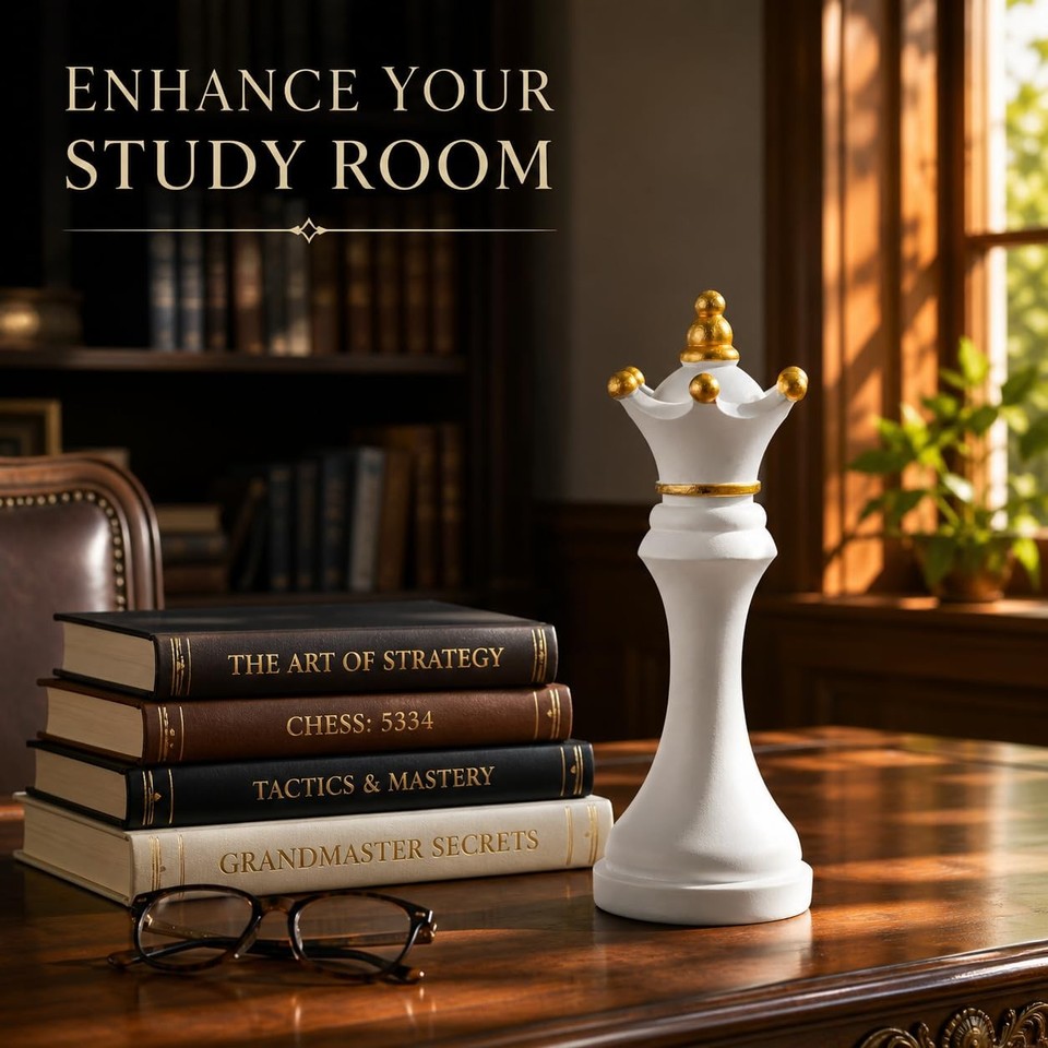 Chess Queen Statue Decor, 6 Inch White Resin Chess Piece Sculpture with ...