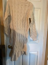 SHEIN Essnce Cable Knit Lantern Sleeve Ruffle Hem Sweater Dress xs new