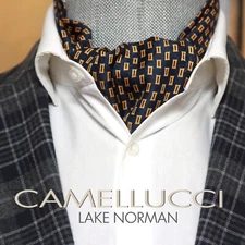 Men's Cravat Ascot 100%silk Gift Box Black Navy Gold Ornament A208