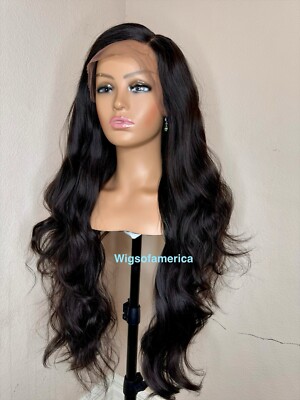 Black Wig Lace Front Side Part Wavy Layered 26 Inches Long  display picture 3