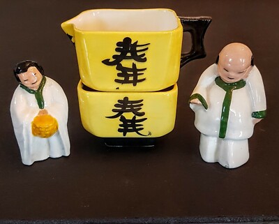 Asian Couple Salt & Pepper Shaker Yellow Kanji Ceramic Sugar Bowl & Creamer LOT