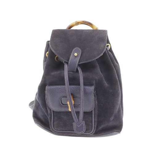 GUCCI Bamboo Used Backpack Handbag Navy Suede Leather Vintage Italy #AH455 S