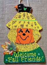 SCARECROW Welcome Fall Friends Sign Pumpkin Thanksgiving Wall Plaque Hanger