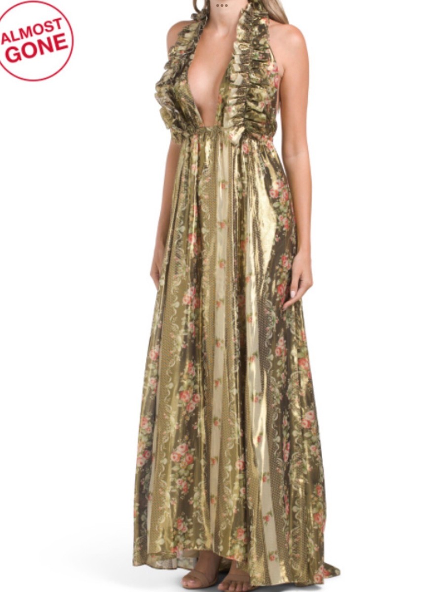 Love Shack Fancy Antonie Halter Dress Gold Metallic Floral Print Sz Large  NWT