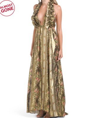 Love Shack Fancy Antonie Halter Dress Gold Metallic Floral Print Sz Large  NWT