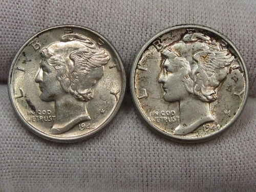 2 AU Silver Mercury Dimes: 1944 & 1944-d.  #14