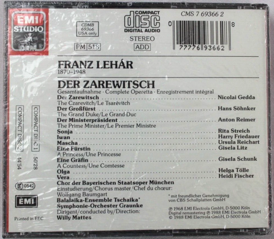 FRANZ LEHAR DER ZAREWITSCH [NEW SEALED] (CD, 2 DISC SET) EMI {CMS 7 69366 2} Foto 2 de 4
