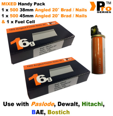 38 mm + 45 mm gemischte 16 g WINKELNÄGEL, 2 x 500er Pack + 1 x Brennstoffzelle für Paslode, B8