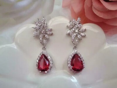 3Ct Pear Cut Simulated Ruby Stunning Drop Dangle Earrings 14K White Gold Plated