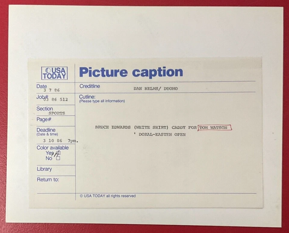 Tom Watson 1986 con Caddy at Doral Open Type 1 8x10 foto original para EE. UU. Hoy Foto 2 de 2