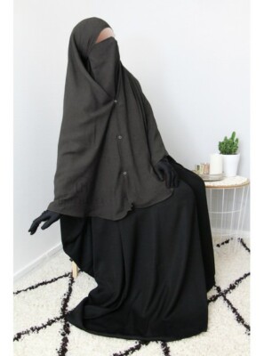 Zweilagiger Niqab mit SCHNAPPKNÖPFEN GRAU (1M25 lang), Khimar, leichter Stoff