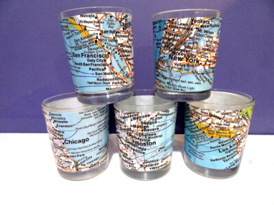 1+ Flameless Glass VOTIVE CANDLEHOLDER w/Map Insert U.S. Cities Hometown LIghts