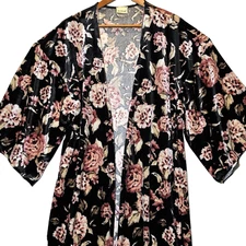Velvet Robe Kimono Three Bird Nest Long Black Floral USA Size M