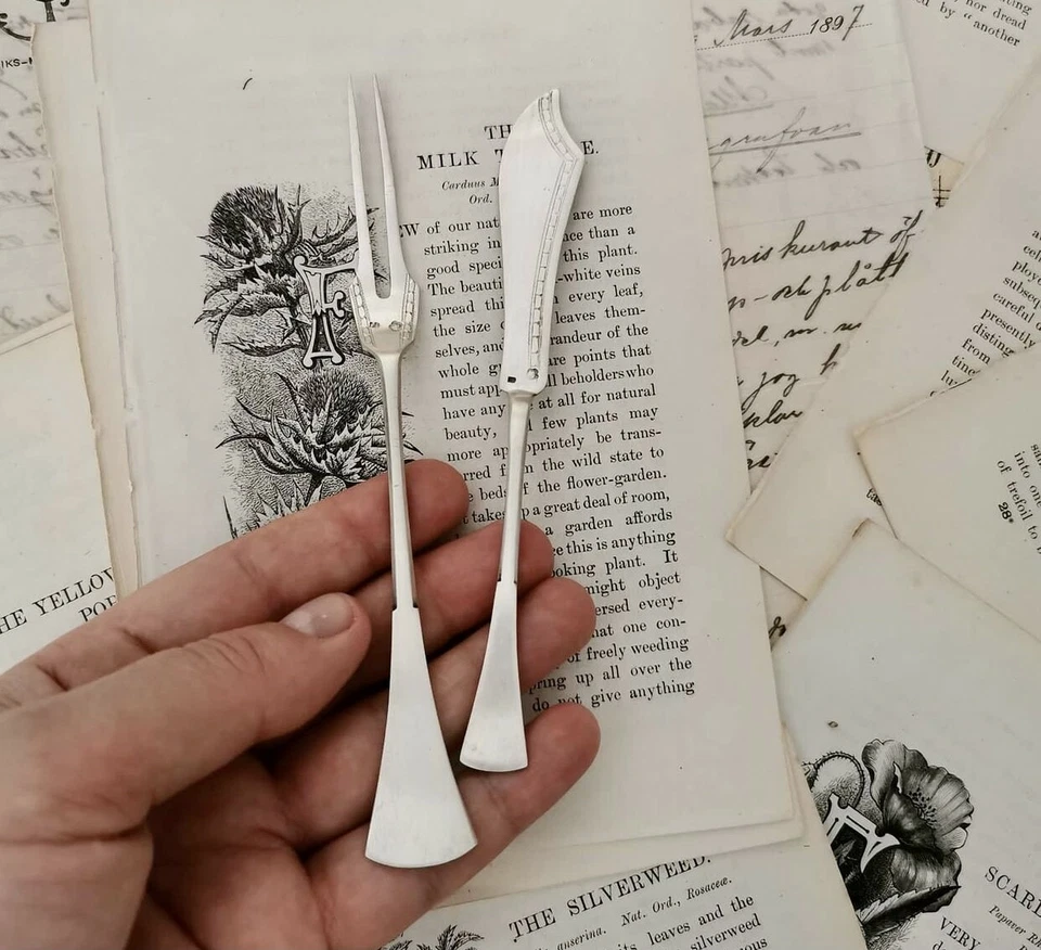 1900-1920-х годов редкая антикварная серебряная 800 пара лимон вилка и масло нож Венгерской империи - Изображение 4 из 4