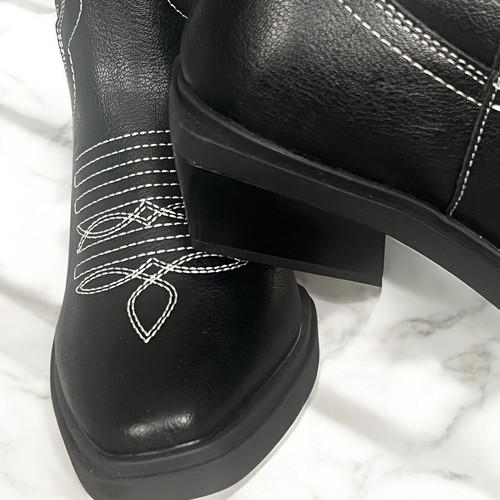 ASOS Black Western Cowboy Boots White Stitching Calf High Wide Fit Size 8W New - Picture 6 of 16