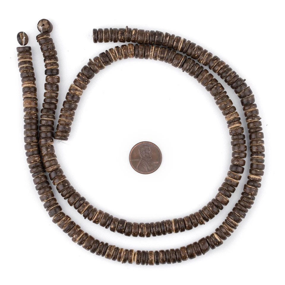 Chocolate Disk Coconut Shell Beads 8mm Brown Wood 15 Inch Strand - Image 2 of 4