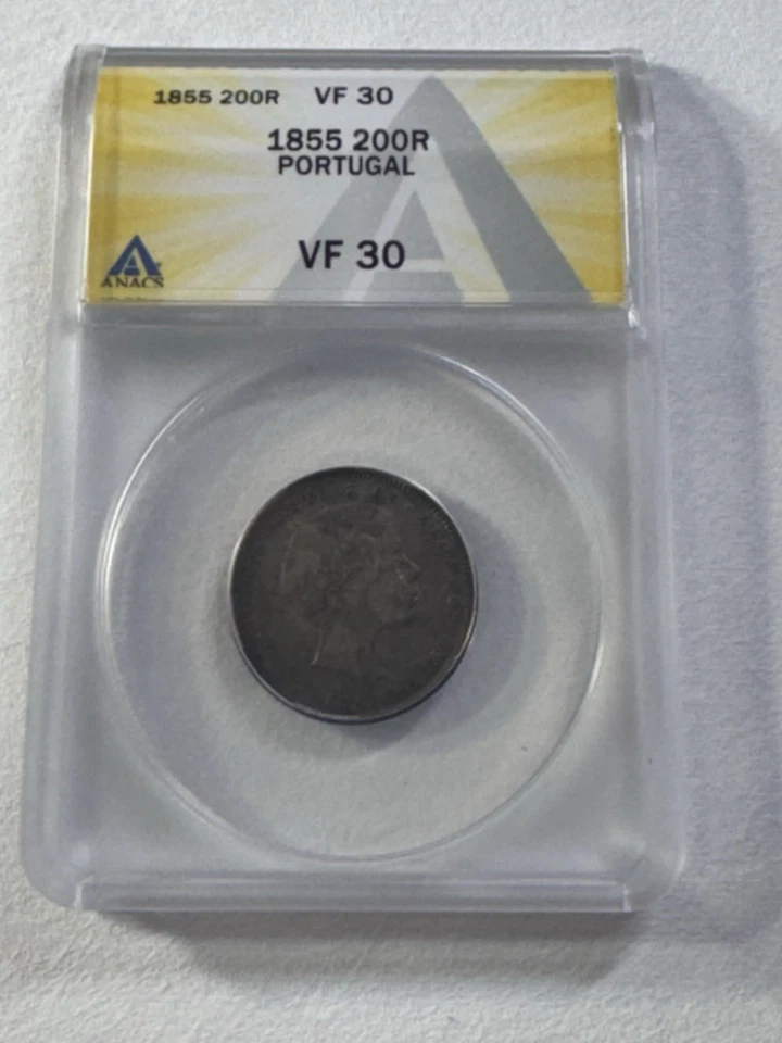 1855 Portugal 200 Reis Silver Coin Graded VF 30 by ANACS Low Mintage - Image 4 of 4