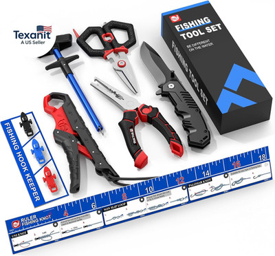 7Pc Fishing Tool Kit - 17'' Pocket Fish Ruler & Knot Tying Guide, Split Ring Plie