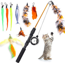 9-Piece Interactive Cat Fishing Pole Toy Set with Feather Teasers and Catnip