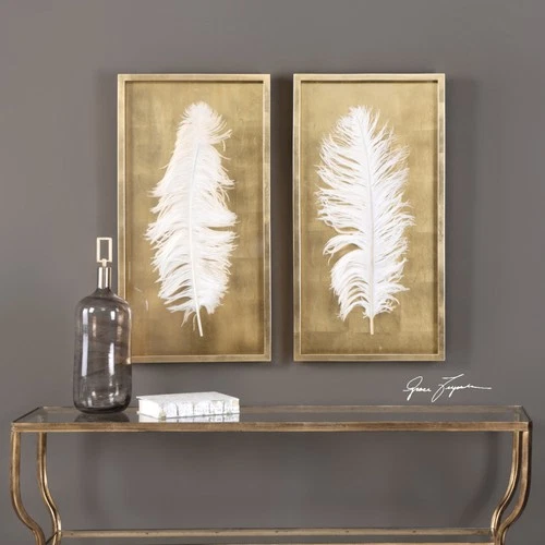Uttermost 04057 Gold White Feathers Two Piece Shadow Box Set By Grace Feyock - Picture 2 of 2